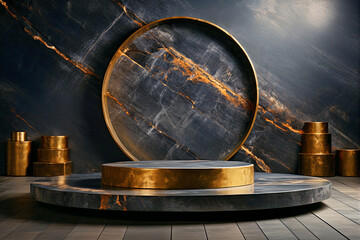 Black and gold podium for advertising and product promotion. Marble texture. Generative AI