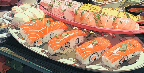 Gourmet Sushi Magic: Anime-style Illustration of Delicious Japanese Delight, Generative AI