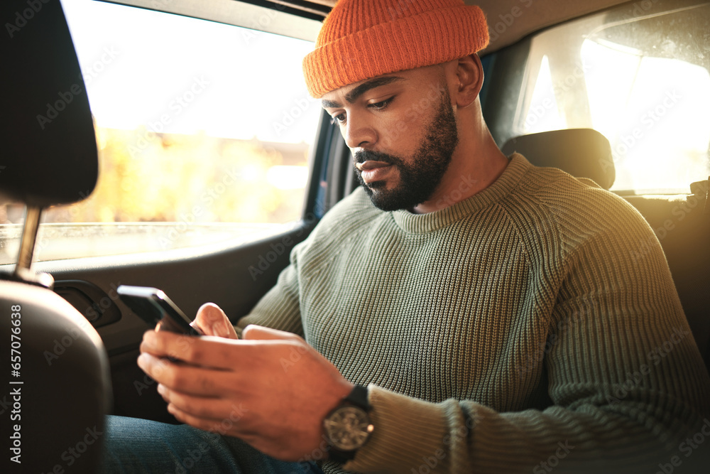 Poster man, smartphone in car and social media, travel and transportation, navigation app and communication