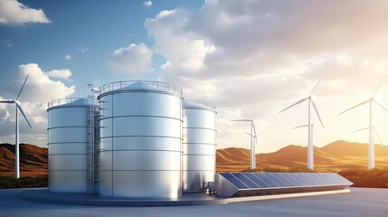 Obraz premium Hydrogen energy storage tank for clean electricity generation Solar energy and wind turbines