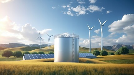Hydrogen energy storage tank for clean electricity generation Solar energy and wind turbines - obrazy, fototapety, plakaty