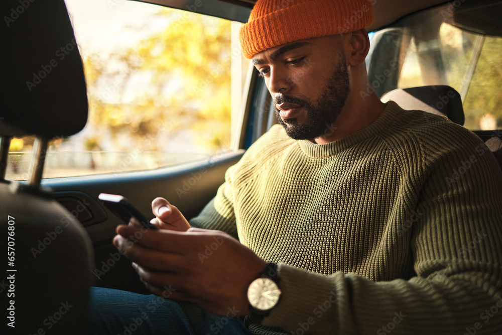 Poster man, using phone in car and social media, travel and transportation, navigation app and communicatio