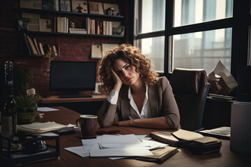 Exhausted office worker overwhelmed with computer job. Female employee suffer from headache from screen. Office clerk collapsing from overwork or stress. Burnout at work. - obrazy, fototapety, plakaty