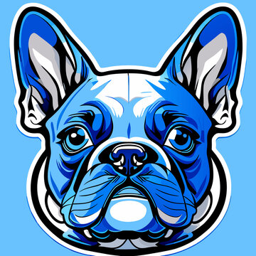 French bulldog head, illustration in cartoon style. Isolated on blue background.