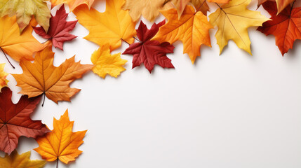 Naklejka na ściany i meble Yellow autumn leaves. White background, space for text.
