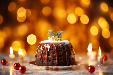 Christmas Pudding on a plate on Xmas table. Christmas pudding fruit cake with christmas decoration...