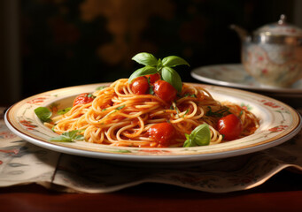 Spaghetti bolognese with meatballs, fresh tomato's, sauce, parsley and cheese served on a plate with rustic background