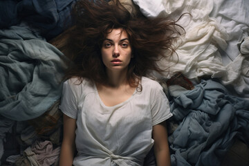 Naklejka premium Depressed young woman struggling to fall asleep. Sad girl awake in the night, exhausted and suffering from insomnia. Sleep deprivation problem.