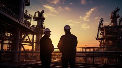 Silhouettes of two industrial engineers discussing a business plan. The back of the oil rig