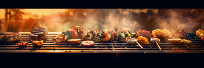 Close up view of barbecued chicken skewers and veg, with people in the background - obrazy, fototapety, plakaty
