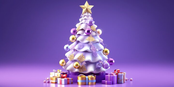 Christmas sparkling bright tree. Merry Christmas and Happy new year. Realistic 3d design of objects, light garlands, gift boxes snowflake, purple gold colors compositions. Tree star. illustration