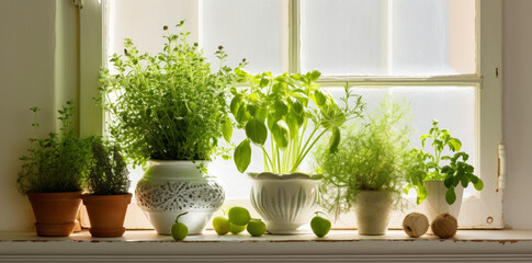 Different types of aromatic potted herbs on windowsill indoors