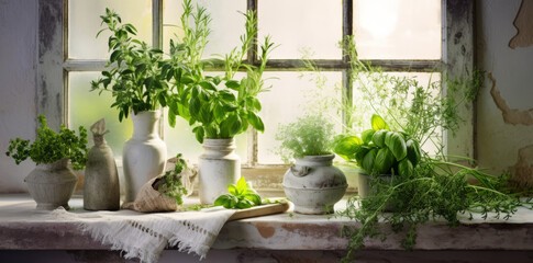 Different types of aromatic potted herbs on windowsill indoors