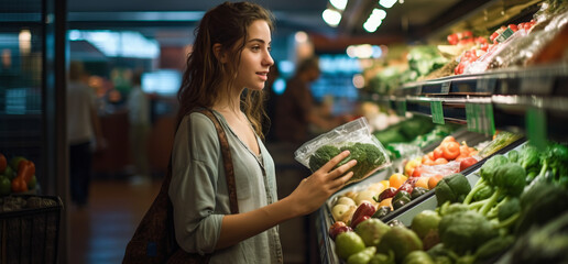 Obraz premium Beautiful woman buying food in a supermarket, shopping vegetables on a market