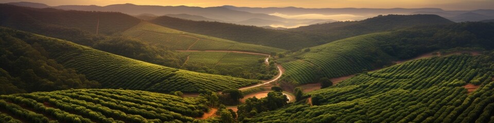 Sunset view of a Brazilian coffee plantation at