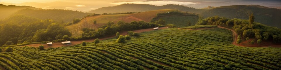 Sunset view of a Brazilian coffee plantation at