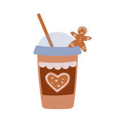 Disposable cup. Christmas hot drink in a paper cup. Hot chocolate, coffee, cocoa with whipped cream.Vector illustration