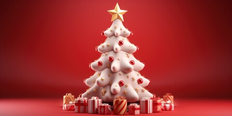 Happy New Year background. White Christmas tree with star and box of gifts strewn with snow on red background, realistic 3d decorative garland glow. Xmas Decorations.