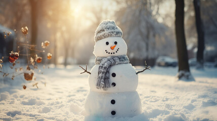 Little snowman in city with hat and scarf in the snow, winter is coming, carrot nose - obrazy, fototapety, plakaty