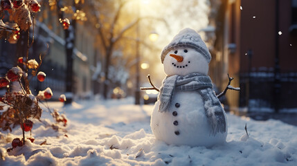 Obraz premium Little snowman in city with hat and scarf in the snow, winter is coming, carrot nose | Generative AI