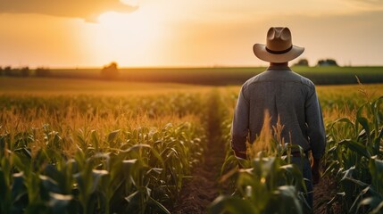 Fototapeta premium Sunset view of a corn field with a male farmer in a hat standing in natural light