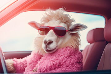 Sheep in sunglasses driving a pink car in sunny day. Generative AI