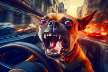 Angry or scared dog as a man driving a car on city road at evening. Generative AI - 657079645