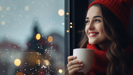 A distant shot of a beautiful young woman sitting holding a red coffee cup during the Christmas...