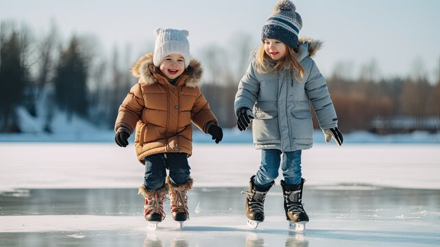 children bundled up in winter gear as they take their first steps onto the frozen pond. Their expressions of wonder and delight as they learn to ice skate make for heartwarming and endearing images.