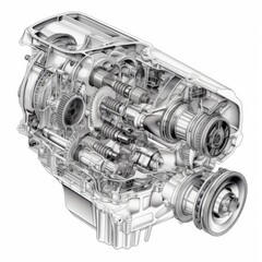A detailed drawing of a four-cylinder engine - obrazy, fototapety, plakaty
