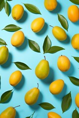 Ripe yellow mangoes with green leaves on blue background, flat lay