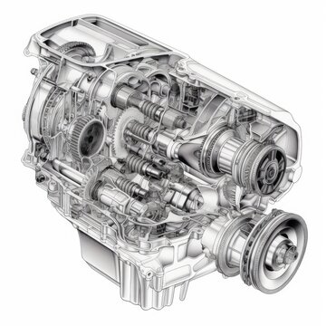 A detailed drawing of a four-cylinder engine