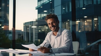 Young architect with a smiling face sits and works with documents. In an office with a clear glass background. overlooking modern buildings