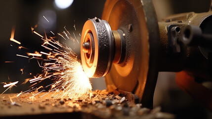 Closeup of Finishing metal working on lathe grinder machine with sparks. Industry, production and repair of metal products and parts.  - obrazy, fototapety, plakaty