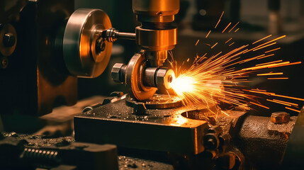 Closeup of Finishing metal working on lathe grinder machine with sparks. Industry, production and repair of metal products and parts. 