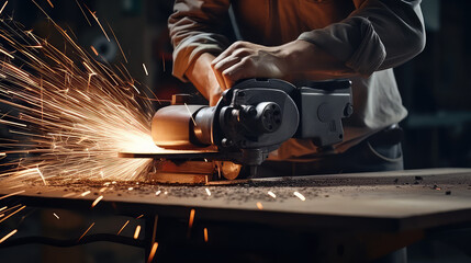 Closeup of Finishing metal working on lathe grinder machine with sparks. Industry, production and repair of metal products and parts.  - obrazy, fototapety, plakaty