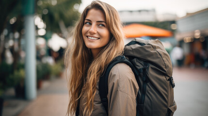 portrait of a female backpacker , ai generated