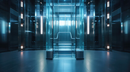 Empty glass modern elevator in a mall, nobody. Minimal interior of shopping or business center. Futuristic stylish room. 