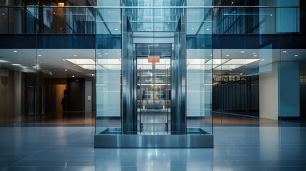 Empty glass modern elevator in a mall, nobody. Minimal interior of shopping or business center. Futuristic stylish room. 