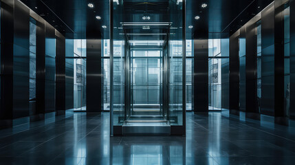 Empty glass modern elevator in a mall, nobody. Minimal interior of shopping or business center. Futuristic stylish room.  - obrazy, fototapety, plakaty