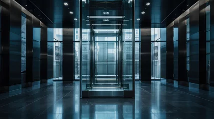 Deurstickers Empty glass modern elevator in a mall, nobody. Minimal interior of shopping or business center. Futuristic stylish room.  © SnowElf