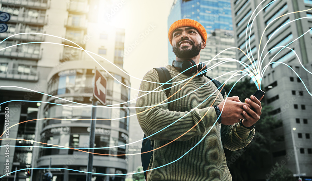 Poster student, man and phone or connection hologram in city communication, internet speed and data for urb