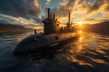 Historic submarine silhouette against a beautiful sunset at sea, Generative AI