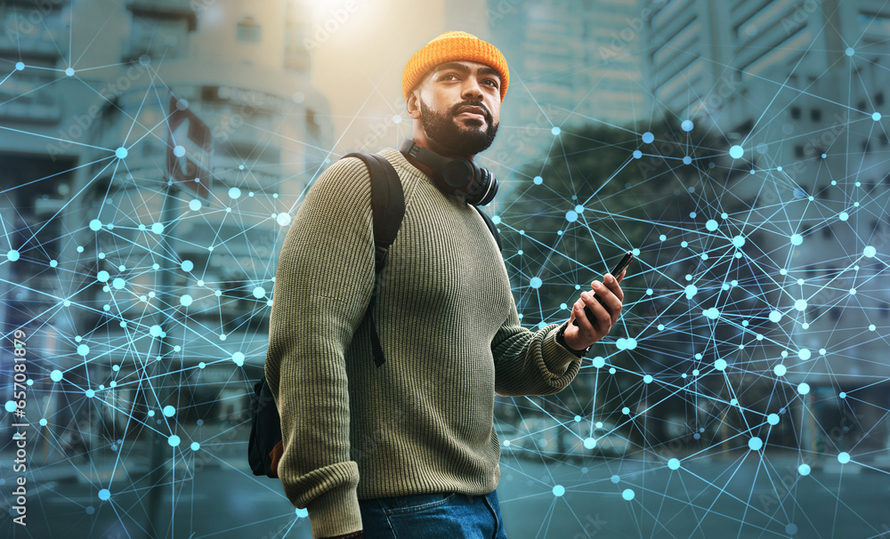 Poster phone, innovation and man in city, digital transformation with online map and communication outdoor.