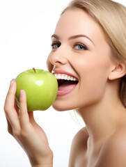 Beautiful woman eating a green apple in the studio on white background. female smile after teeth whitening procedure. Dental care. Dentistry and healthy lifestyle concept.