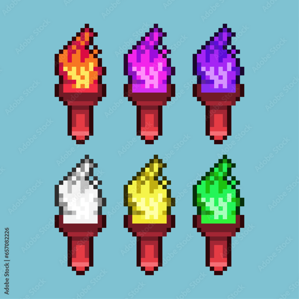 Poster pixel art sets of torch with variation color item asset. simple bits of torch on pixelated style. 8b
