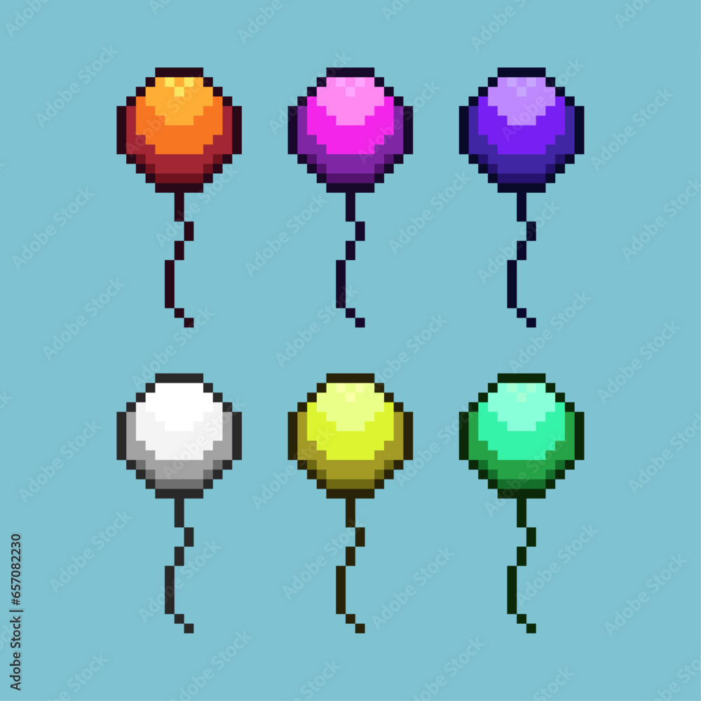 Poster pixel art sets of balloon with variation color item asset. simple bits of balloon on pixelated style