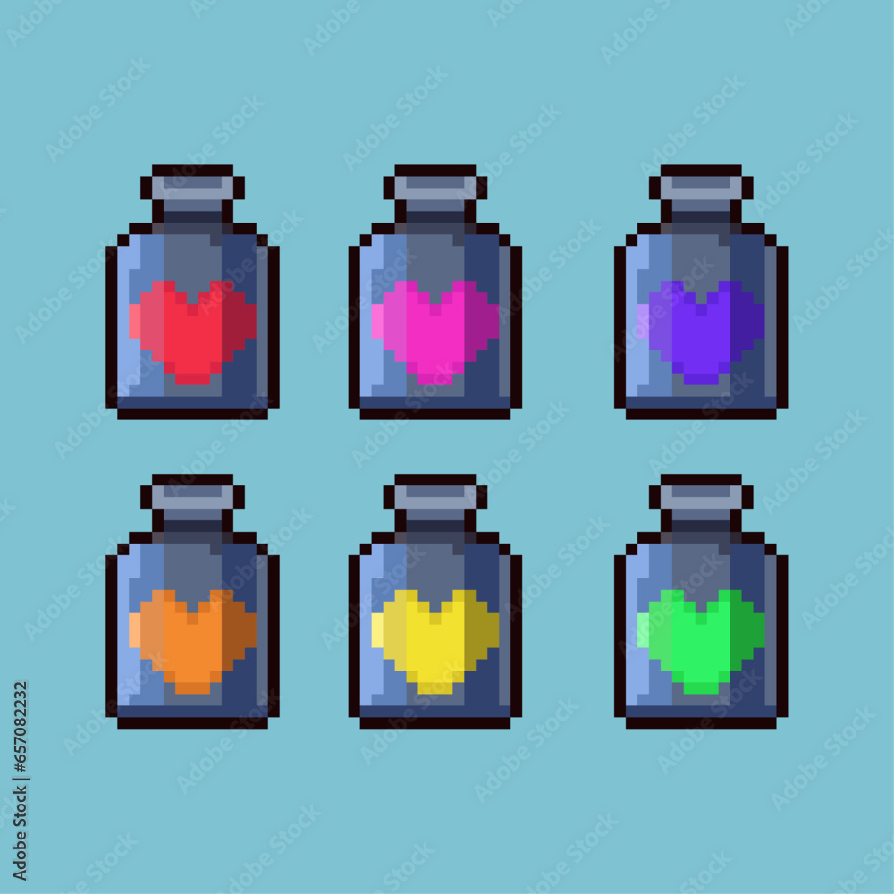 Poster Pixel art sets of bottle of love with variation color item asset. Simple bits of love bottle on pixelated style. 8bits perfect for game asset or design asset element for your game design asset