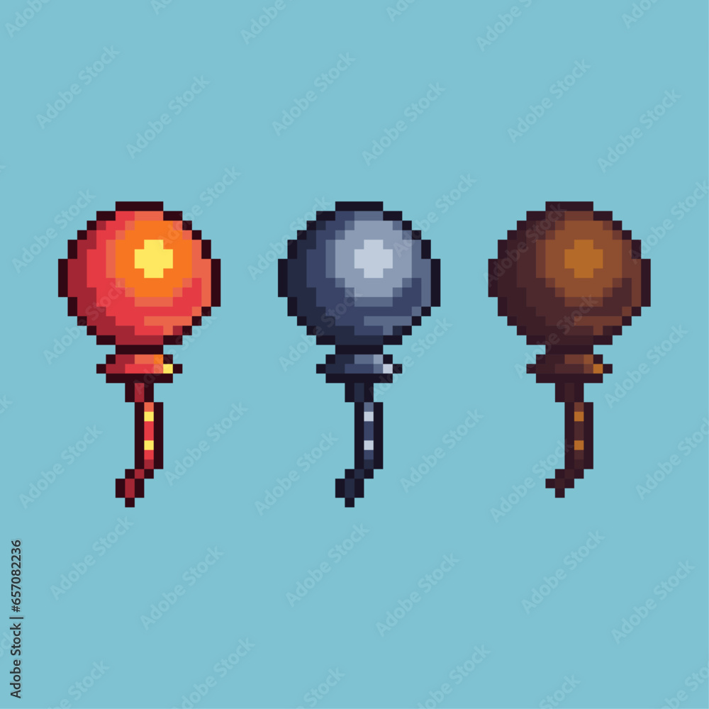 Poster pixel art sets of gold and silver balloon with variation color item asset. simple bits of balloon on