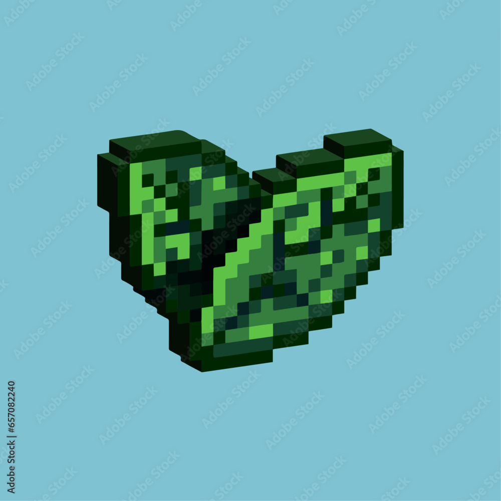 Poster isometric pixel art 3d of leaf plant for items asset. green leaf on pixelated style.8bits perfect fo